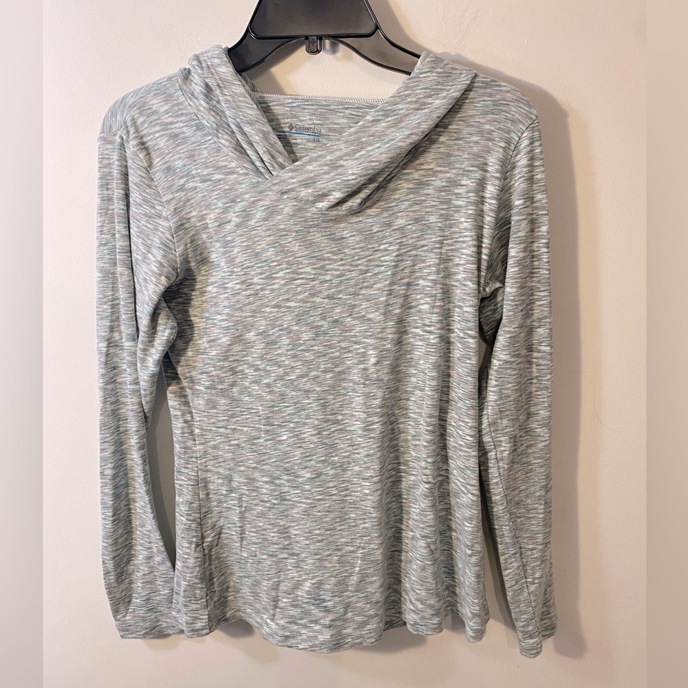 Columbia Womens Long Sleeve Hoodie Shirt Large Blue White Space Dye Lightweight